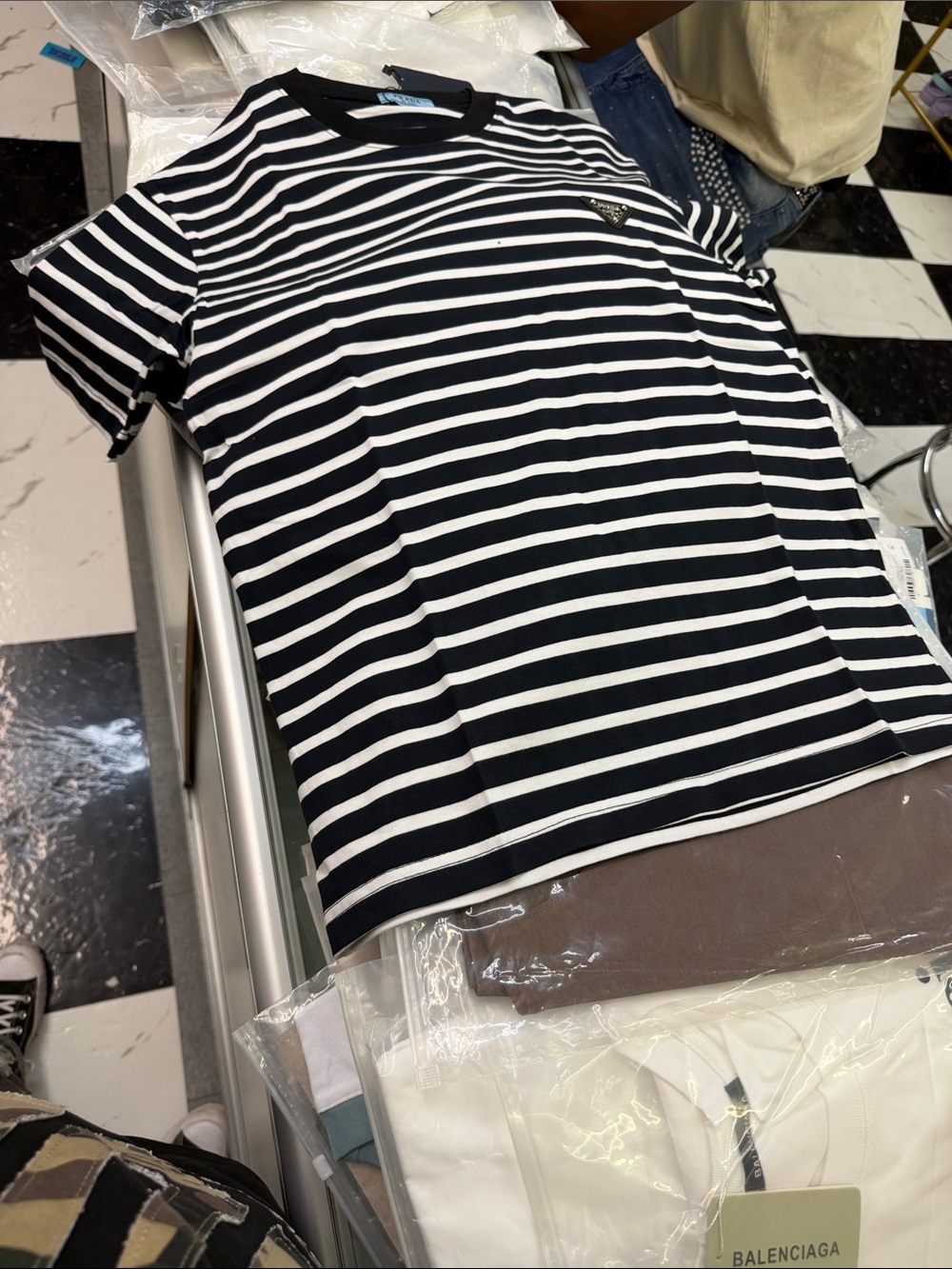 Prada Navy and White Horizontal Stripe Short-Sleeve Tee